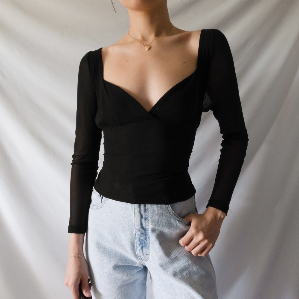 vintage 90s y2k black noir layered mesh sweetheart bustier style long sleeve blo - Picture 2 of 10